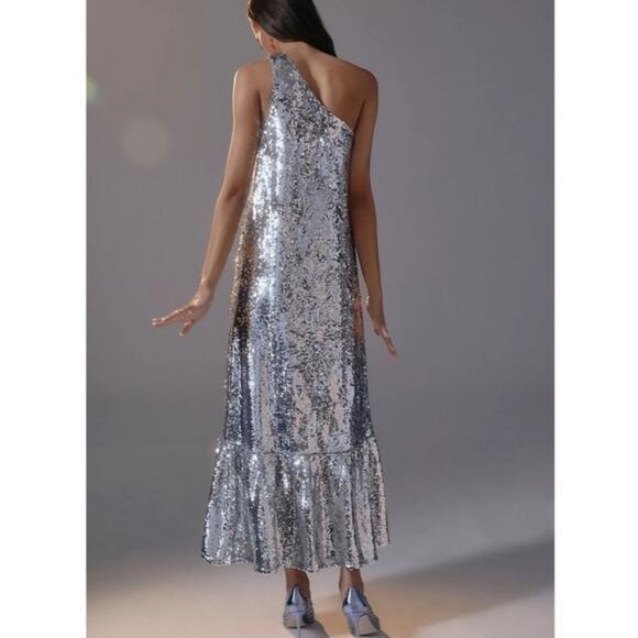 Anthropologie x Maeve One Off The Shoulder Silver Sequin Trumpet Dress Size XL - Picture 5 of 16